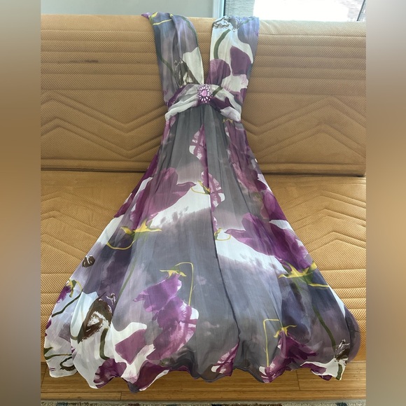 Purple Floral Halter Maxi Dress Open Back Beaded Waist Size 6 M - Picture 7 of 16